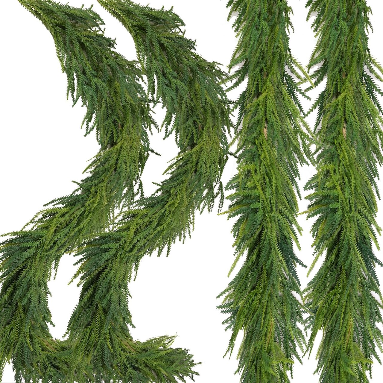 2 Pack Norfolk Pine Garland 9 FT Artificial Christmas Garland, Real Touch Dense Evergreen Greenery for Mantel, Table, Staircase, Fireplace, Indoor Outdoor Holiday Decorations
